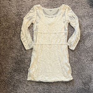 Express Cream Embroidered Long-Sleeve Tunic Dress